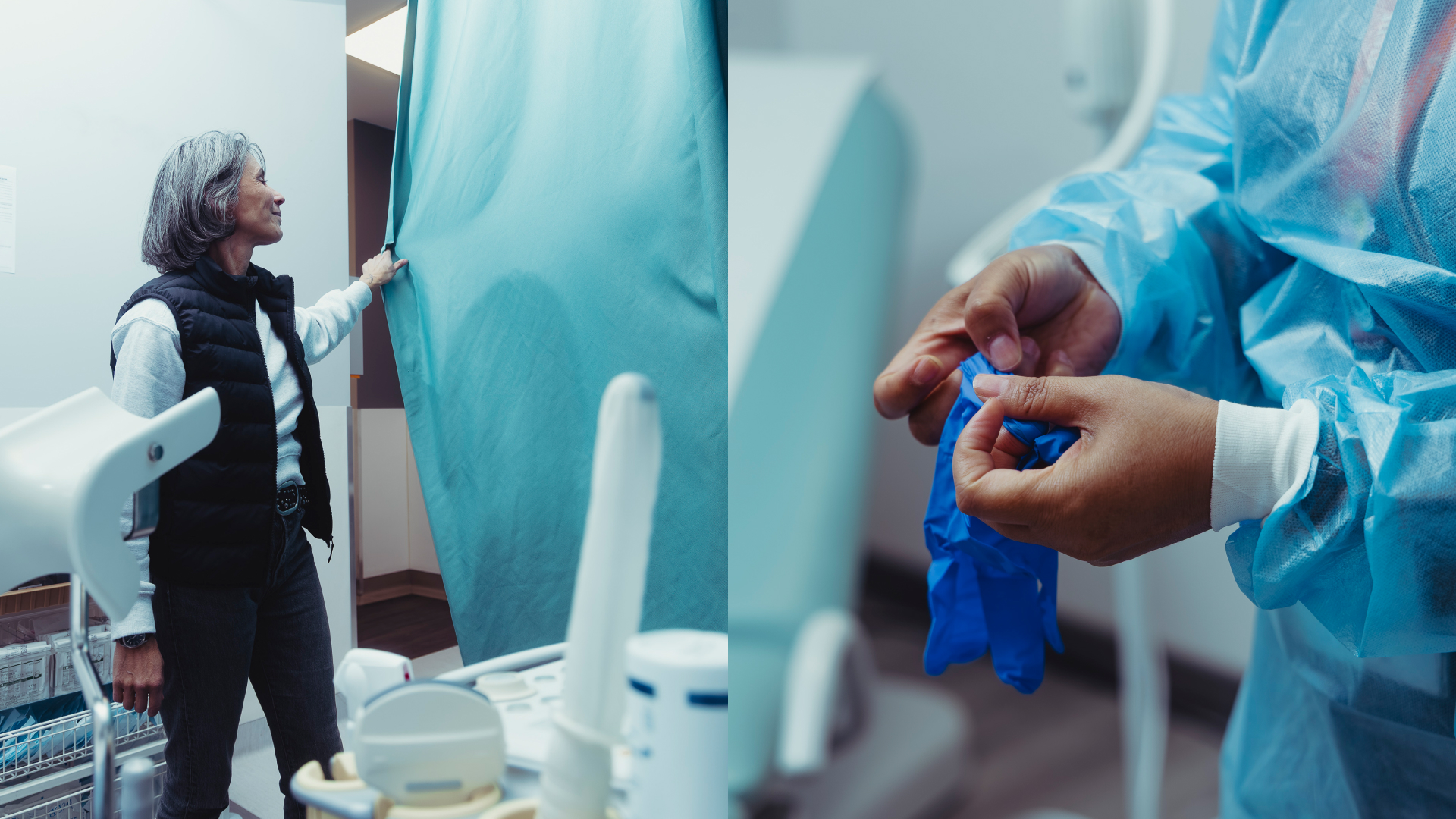 Une professionnelle prépare un espace de soin ; une professionnelle de santé enfile des gants